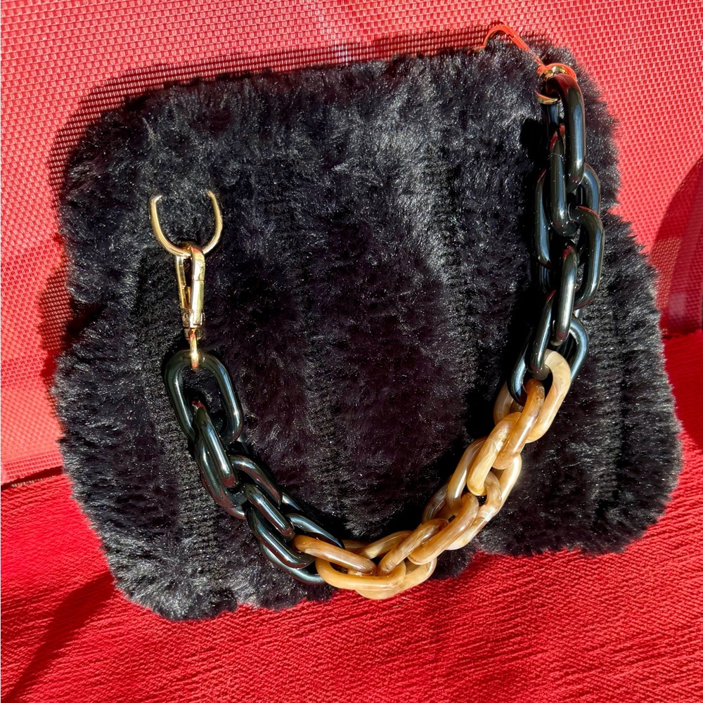 Elegant Black Faux Fur Bag with Chain Strap